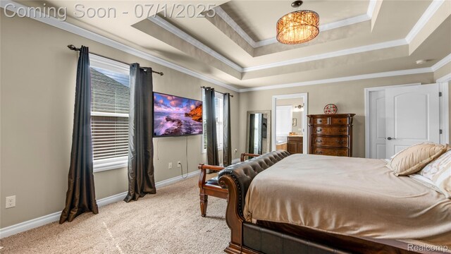 19492 Springbrook Dr, Macomb, MI 48044 - carpeted bedroom with multiple windows, ornamental molding, ensuite bath, and a tray ceiling