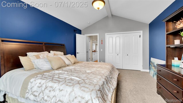 19492 Springbrook Dr, Macomb, MI 48044 - carpeted bedroom featuring beam ceiling, a closet, and high vaulted ceiling