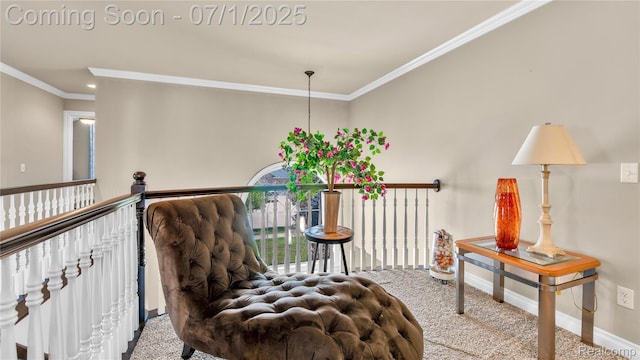 19492 Springbrook Dr, Macomb, MI 48044 - sitting room with carpet, ornamental molding, and an upstairs landing