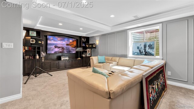 19492 Springbrook Dr, Macomb, MI 48044 - home theater room with carpet flooring, a decorative wall, a raised ceiling, and recessed lighting