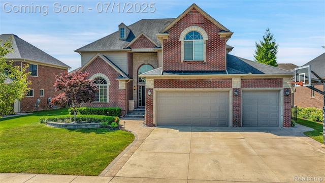 19492 Springbrook Dr, Macomb, MI 48044 - traditional-style home featuring a front lawn, brick siding, concrete driveway, and roof with shingles