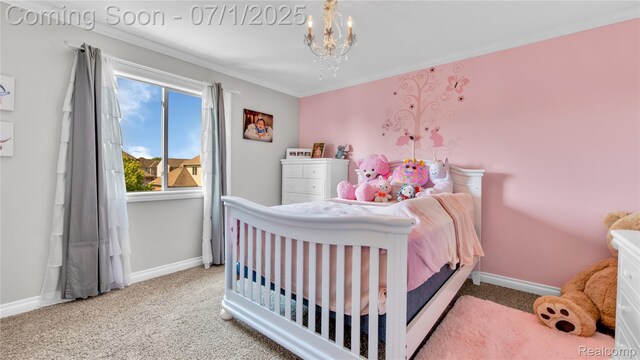 19492 Springbrook Dr, Macomb, MI 48044 - carpeted bedroom with a chandelier, multiple windows, and crown molding