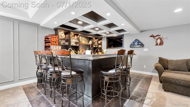 19492 Springbrook Dr, Macomb, MI 48044 - indoor wet bar with recessed lighting, beam ceiling, coffered ceiling, dark tile patterned flooring, and crown molding