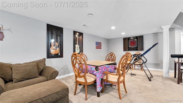 19492 Springbrook Dr, Macomb, MI 48044 - dining area with light colored carpet, recessed lighting, and ornate columns