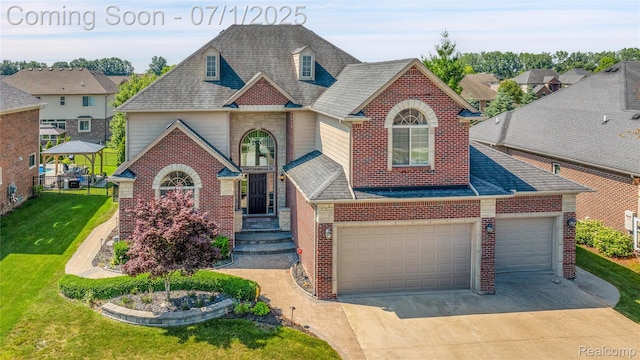 19492 Springbrook Dr, Macomb, MI 48044 - view of front of house with brick siding, a front yard, concrete driveway, and roof with shingles