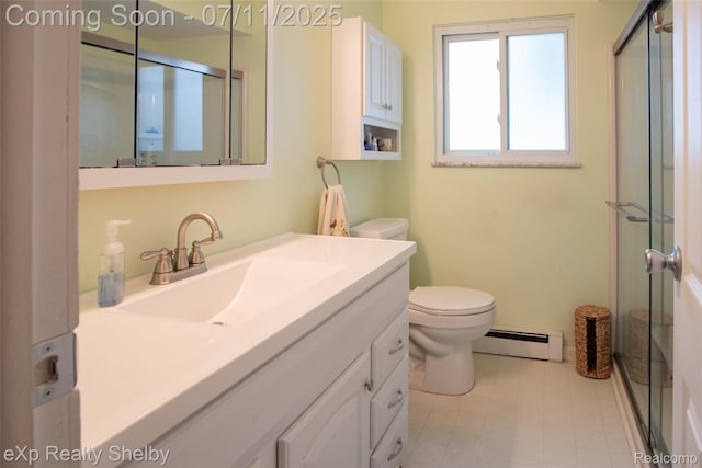 9595 Pearl Beach Blvd, Clay, MI 48001 - full bathroom with a baseboard radiator, a shower with shower door, and vanity
