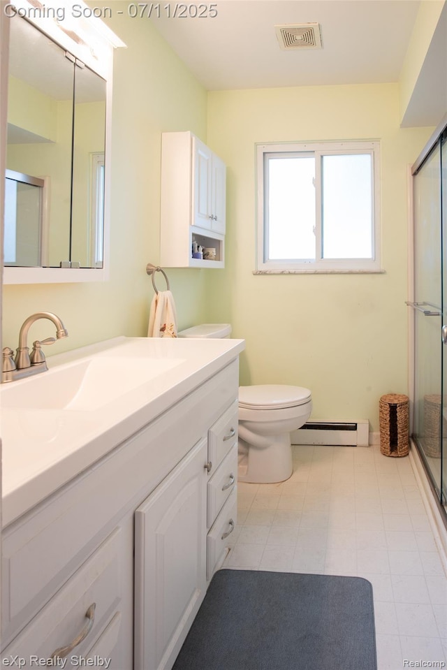 9595 Pearl Beach Blvd, Clay, MI 48001 - full bath featuring baseboard heating, vanity, and a stall shower