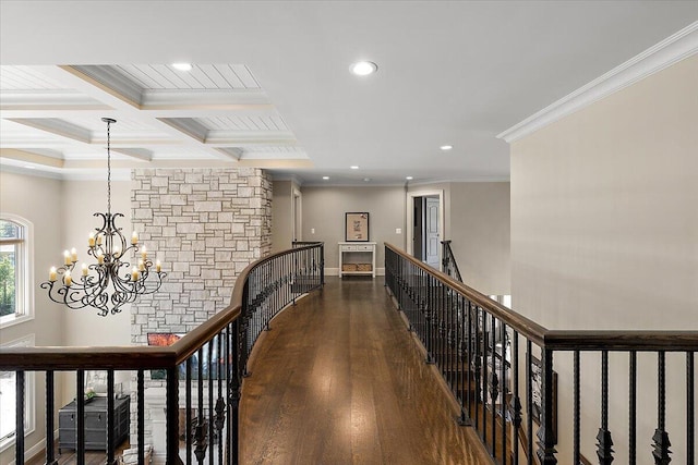 1988 Christenbury Ct, Rochester, MI 48306 - hallway featuring an upstairs landing, a chandelier, crown molding, recessed lighting, and beam ceiling