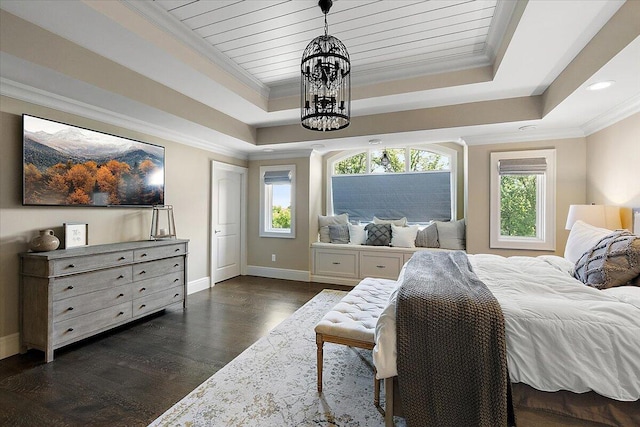 1988 Christenbury Ct, Rochester, MI 48306 - bedroom featuring a chandelier, a raised ceiling, dark wood-type flooring, recessed lighting, and crown molding