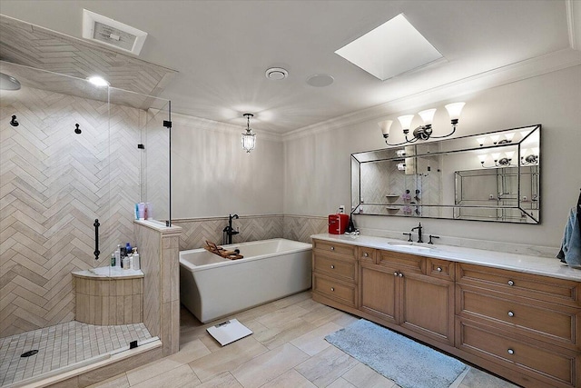 1988 Christenbury Ct, Rochester, MI 48306 - bathroom featuring a soaking tub, a shower stall, vanity, crown molding, and a skylight