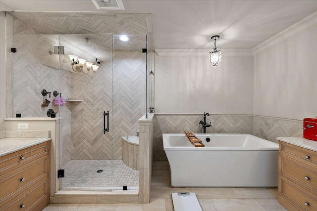 1988 Christenbury Ct, Rochester, MI 48306 - full bathroom with a freestanding tub, a stall shower, vanity, and ornamental molding