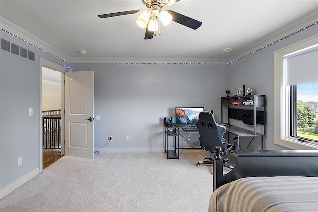 1988 Christenbury Ct, Rochester, MI 48306 - carpeted bedroom with crown molding, a desk, and a ceiling fan