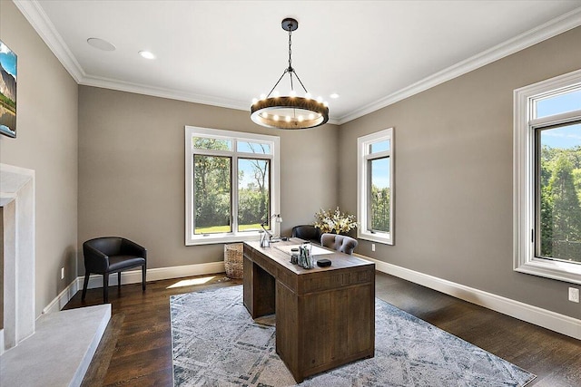 1988 Christenbury Ct, Rochester, MI 48306 - office space with healthy amount of natural light, a chandelier, ornamental molding, dark wood-type flooring, and recessed lighting