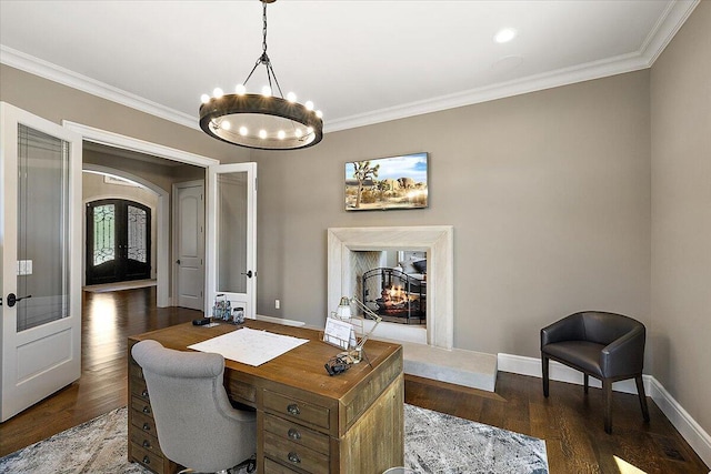 1988 Christenbury Ct, Rochester, MI 48306 - office with french doors, a chandelier, crown molding, dark wood-type flooring, and arched walkways