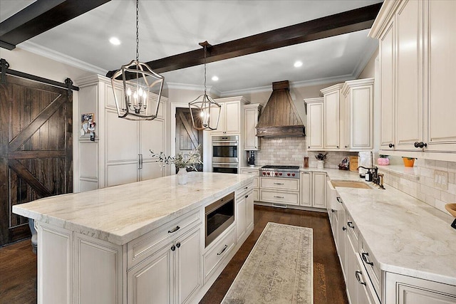 1988 Christenbury Ct, Rochester, MI 48306 - kitchen featuring appliances with stainless steel finishes, premium range hood, tasteful backsplash, recessed lighting, and dark wood-style flooring
