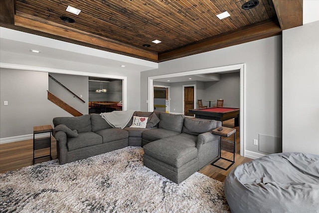 1988 Christenbury Ct, Rochester, MI 48306 - living room featuring wood finished floors, wooden ceiling, recessed lighting, and billiards table