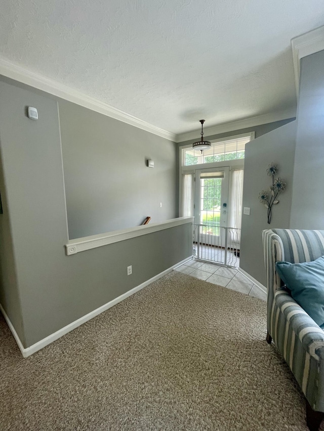 3643 Waterway Ct, Grass Lake, MI 49240 - carpeted living area featuring a textured ceiling, ornamental molding, and tile patterned floors