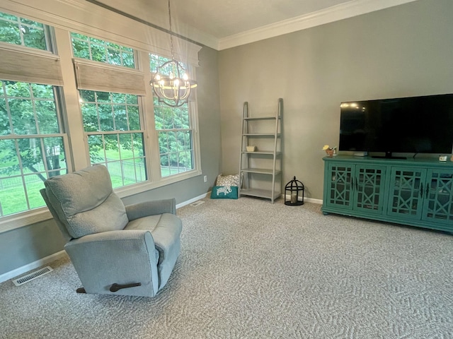 3643 Waterway Ct, Grass Lake, MI 49240 - sitting room with a chandelier, carpet, crown molding, and plenty of natural light