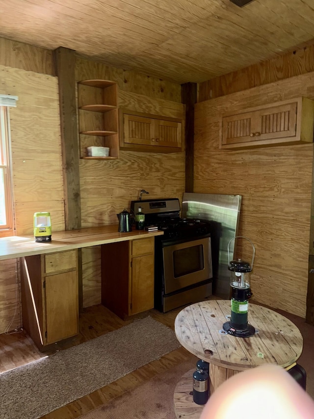 23266 Hayes Rd, Big Rapids, MI 49307 - kitchen with gas stove, wood walls, wood ceiling, light countertops, and wood finished floors