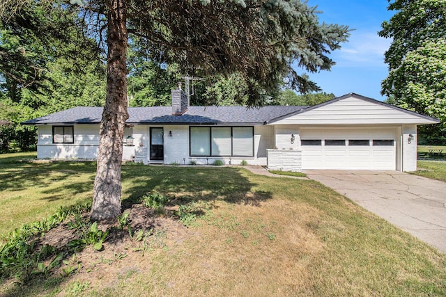 1722 Benson, Fountain, MI 49410 - ranch-style home featuring an attached garage, a chimney, concrete driveway, a front yard, and brick siding