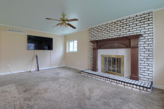 13947 Ashurst St, Livonia, MI 48154 - unfurnished living room featuring ornamental molding, carpet, ceiling fan, and a brick fireplace