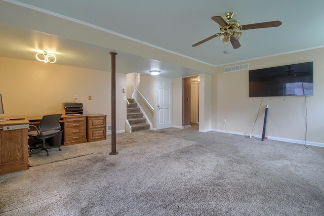 13947 Ashurst St, Livonia, MI 48154 - carpeted home office featuring ornamental molding and a ceiling fan