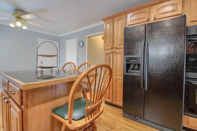 13947 Ashurst St, Livonia, MI 48154 - kitchen featuring black refrigerator with ice dispenser, a ceiling fan, light wood-style floors, and ornamental molding