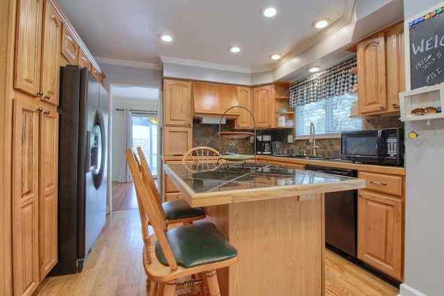 13947 Ashurst St, Livonia, MI 48154 - kitchen with black appliances, open shelves, ornamental molding, a kitchen bar, and plenty of natural light