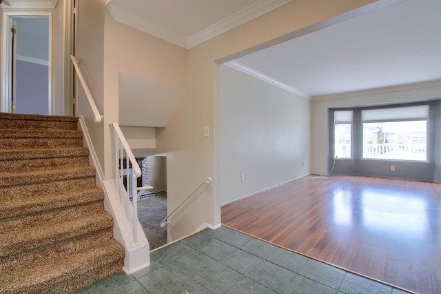 13947 Ashurst St, Livonia, MI 48154 - staircase featuring tile patterned floors and crown molding