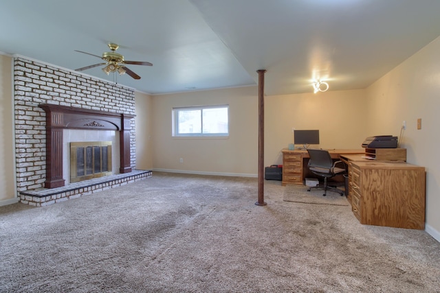 13947 Ashurst St, Livonia, MI 48154 - office area featuring a ceiling fan, carpet flooring, a brick fireplace, and crown molding