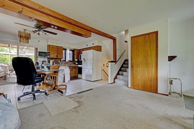 3618 Rohr Rd, Lake Orion, MI 48359 - office area with ceiling fan, beamed ceiling, light tile patterned floors, and light colored carpet