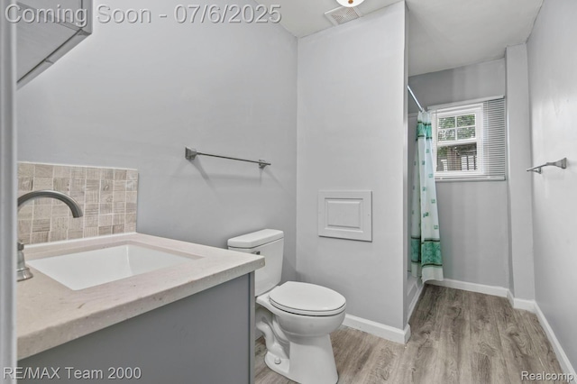 3277 9th St, Monroe, MI 48162 - full bathroom with wood finished floors, a shower with curtain, vanity, and decorative backsplash