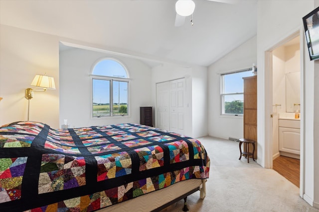 200 Begole Rd, Milan, MI 48160 - bedroom featuring carpet flooring, lofted ceiling, a closet, ceiling fan, and ensuite bath