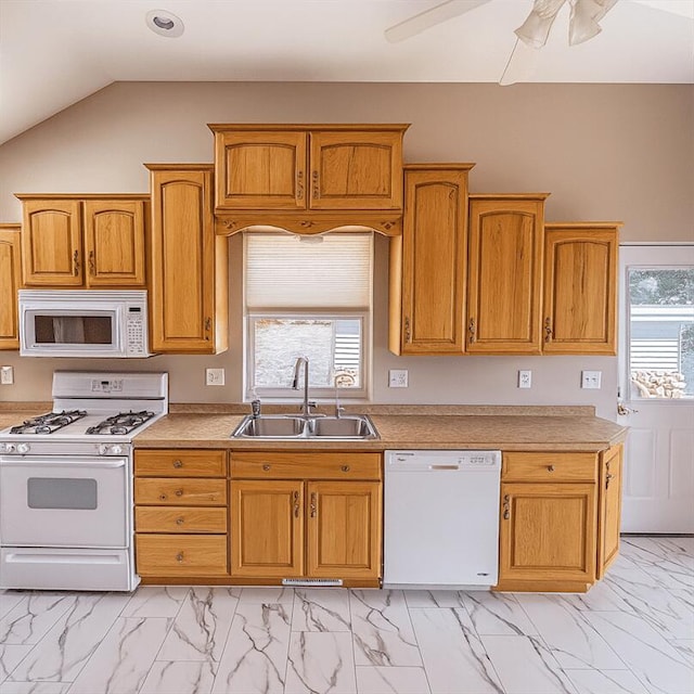 238 Cooks Lndg, Michigan Center, MI 49254 - kitchen featuring white appliances, light marble finish flooring, light countertops, brown cabinetry, and ceiling fan