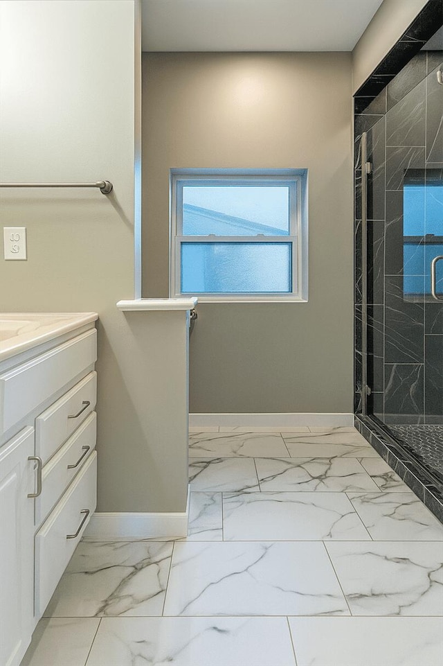 238 Cooks Lndg, Michigan Center, MI 49254 - bathroom with marble finish floors, a stall shower, and vanity