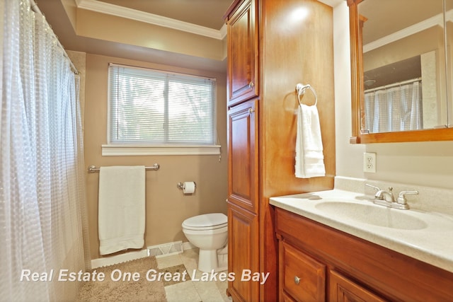 1360 Delta Dr, Saginaw, MI 48638 - bathroom featuring ornamental molding, vanity, tile patterned flooring, and curtained shower