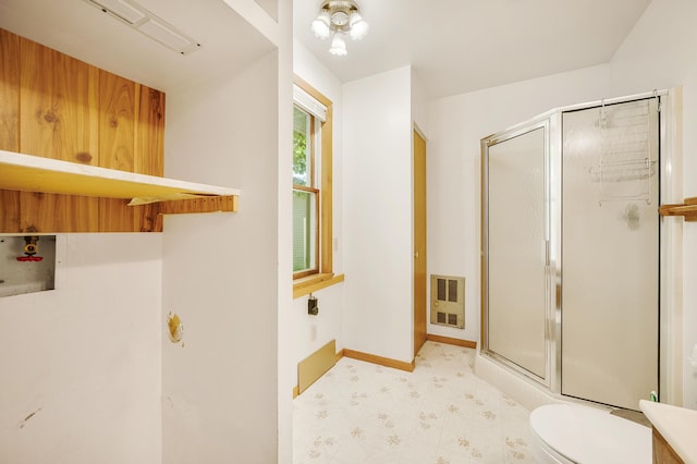 3249 Evergreen Rd, Sears, MI 49679 - full bathroom featuring tile patterned floors, a stall shower, and heating unit