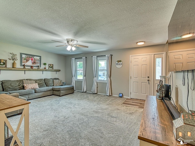 8299 Galloway Dr, Lambertville, MI 48144 - carpeted living room with a ceiling fan and a textured ceiling