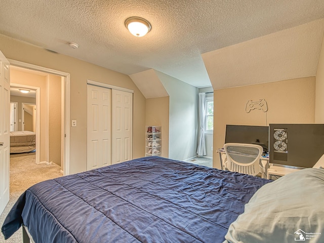 8299 Galloway Dr, Lambertville, MI 48144 - bedroom with carpet floors, a textured ceiling, a closet, and vaulted ceiling