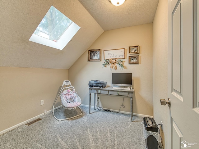 8299 Galloway Dr, Lambertville, MI 48144 - carpeted office space featuring a skylight, vaulted ceiling, and a textured ceiling