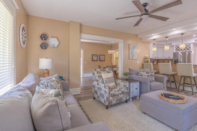 464 Kalamazoo St, South Haven, MI 49090 - living area featuring ceiling fan, light wood-type flooring, and recessed lighting