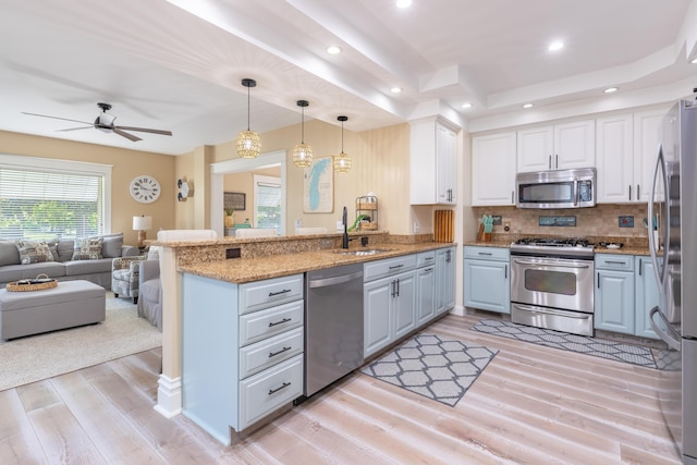 464 Kalamazoo St, South Haven, MI 49090 - kitchen featuring stainless steel appliances, open floor plan, a peninsula, light wood-style floors, and a tray ceiling