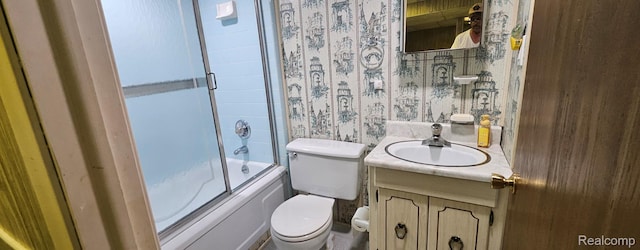 32200 Grandview Ave, Westland, MI 48186 - full bathroom with combined bath / shower with glass door, vanity, and wallpapered walls