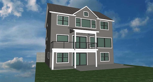 6820 Devils Lake Hwy, Manitou Beach, MI 49253 - view of front of house featuring a balcony, a front lawn, and a shingled roof