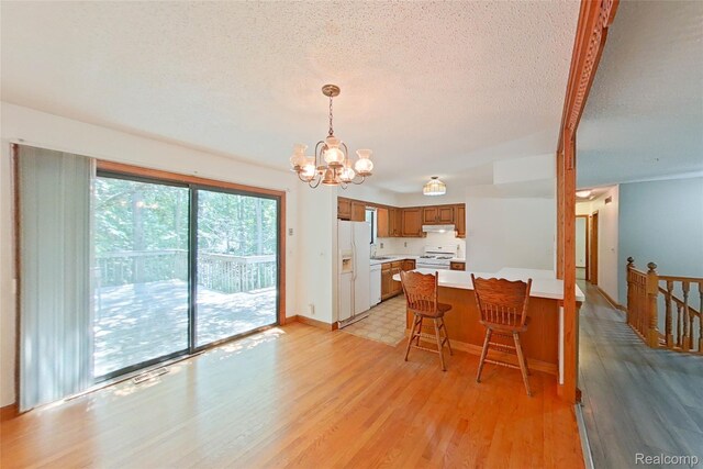 11589 Lombardy Ct, Pinckney, MI 48169 - dining area featuring a chandelier, light wood finished floors, and a textured ceiling