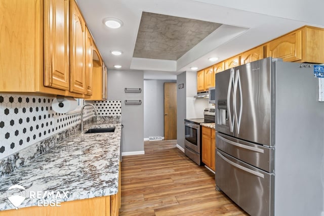 7226 Junction Rd, Frankenmuth, MI 48722 - kitchen with stainless steel appliances, a raised ceiling, light wood-style floors, under cabinet range hood, and light stone counters