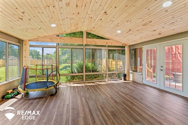 7226 Junction Rd, Frankenmuth, MI 48722 - unfurnished sunroom featuring lofted ceiling and french doors