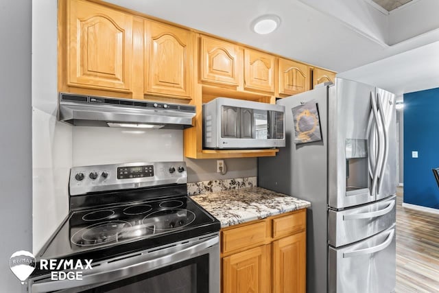 7226 Junction Rd, Frankenmuth, MI 48722 - kitchen featuring appliances with stainless steel finishes, under cabinet range hood, light wood-style floors, light stone countertops, and light brown cabinetry