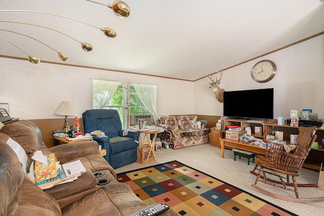 405 W Osborne Rd, Delton, MI 49046 - living room with crown molding, carpet flooring, a textured ceiling, and vaulted ceiling