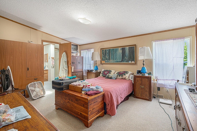 405 W Osborne Rd, Delton, MI 49046 - bedroom with ornamental molding, light carpet, vaulted ceiling, and a textured ceiling